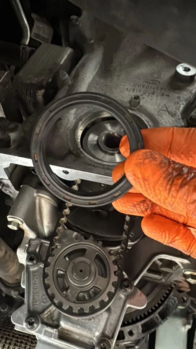 Crank front seal area during a Ford 1.0 EcoBoost wet belt replacement