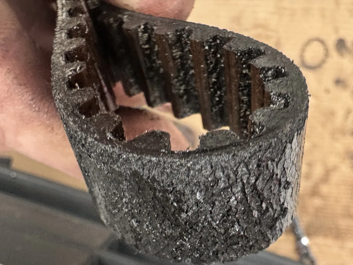 Old wet belt from a Ford Transit 2.0 EcoBlue, cracked and breaking up